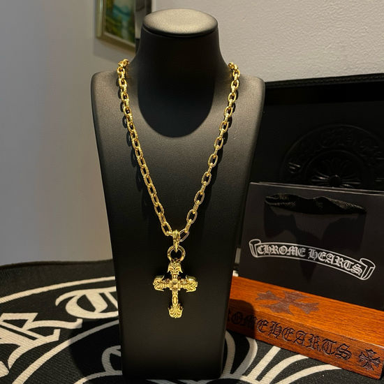 Chrome Hearts Gold Flame Cross Pendant Necklace
