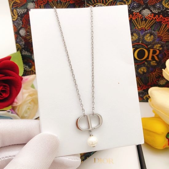 Christian Dior CD Silver Pearl Pendant Classic Necklace