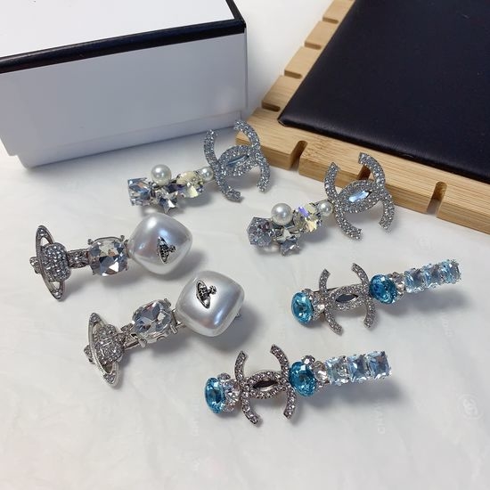 Chanel Czech Rhinestone Logo Hair Clips Pair