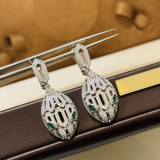 Bvlgari Exclusive Snake Head Diamond Earrings with Emerald Eyes