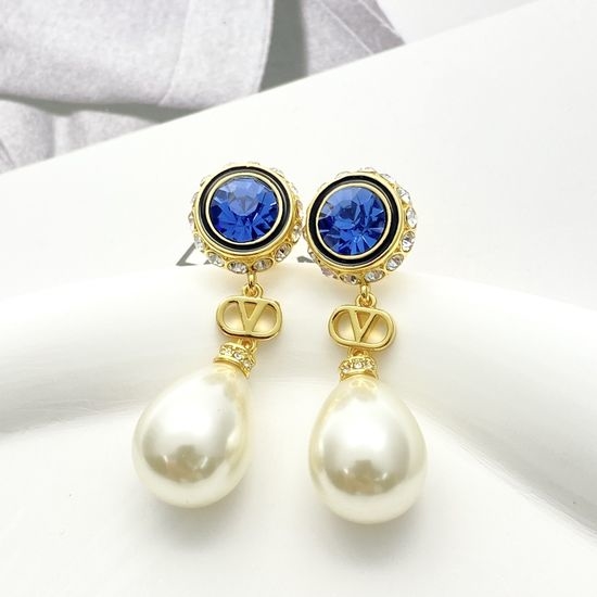 Valentino Blue Crystal Drop Pearl Pendant Earrings
