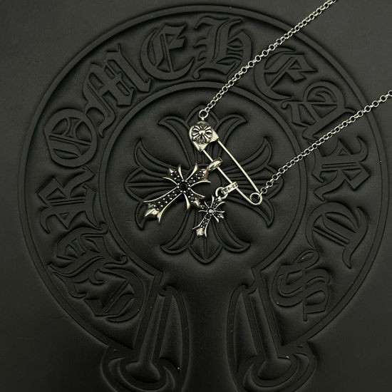 Chrome Hearts Elegant Silver Black Diamond Pin Necklace