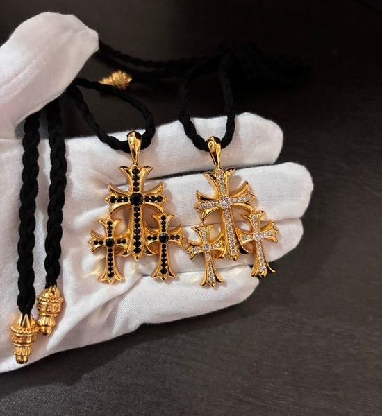 Chrome Hearts Diamond Cross Pendant Leather Necklace