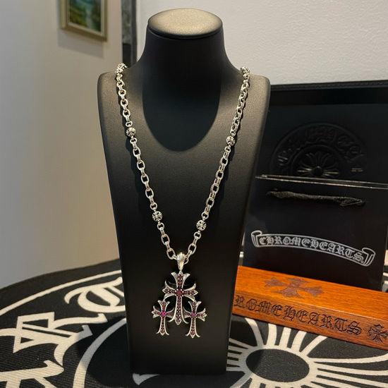 Chrome Hearts Pink Rhinestone Cross Ball Necklace