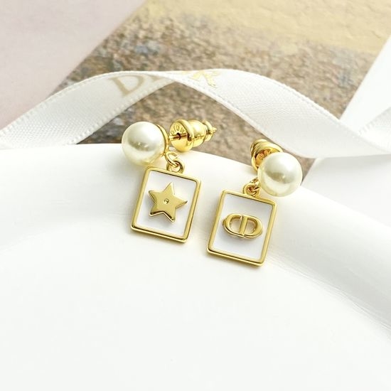Christian Dior CD Gold Star Square Pearl Earrings