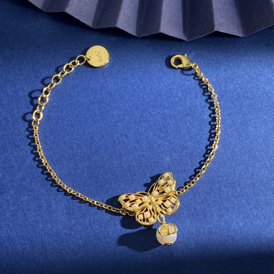 Christian Dior CD Hollow Butterfly Pearl Charm Bracelet