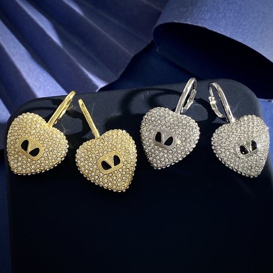 Valentino Rhinestone Heart Enamel Logo Earrings