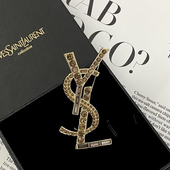Yves Saint Laurent YSL Rhinestone Logo Brooch for Workwear