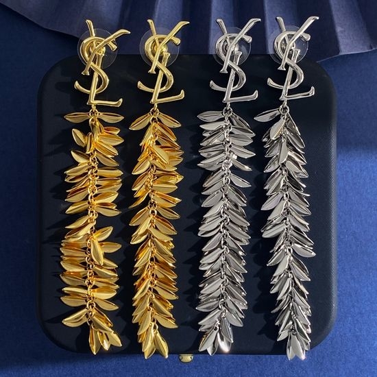 Yves Saint Laurent YSL Wheat Leaf Shape Long Drop Earrings