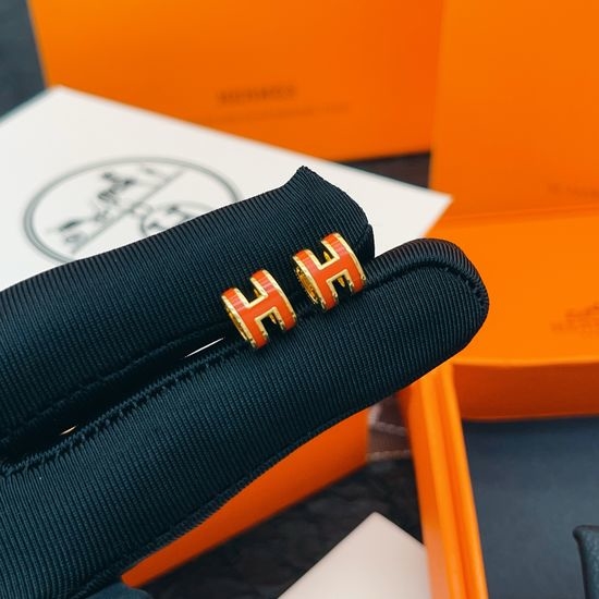 Hermes Red H-shaped Mini Gold Stud Earrings