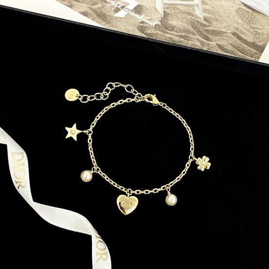 Christian Dior CD Heart Pearl Tassel Charm Bracelet