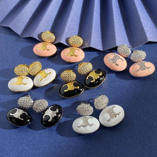 Celine Enamel Oval Crystal Stud Earrings
