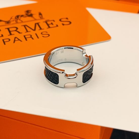 Hermes Black Leather H Design Brass Ring