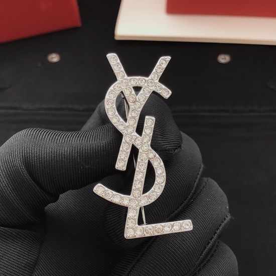 Yves Saint Laurent YSL Silver Diamond Inlaid Brooch