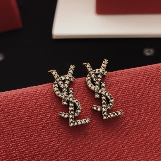 Yves Saint Laurent YSL Mini Letter Diamond Brass Stud Earrings