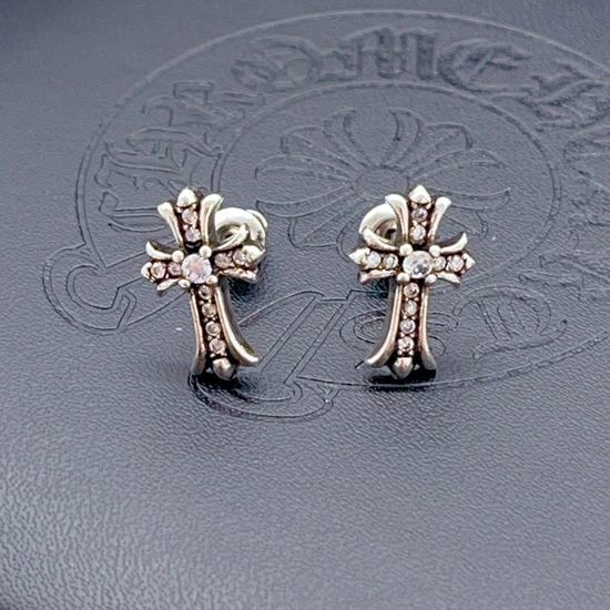 Chrome Hearts Silver Diamond Inlaid Cross Stud Earrings