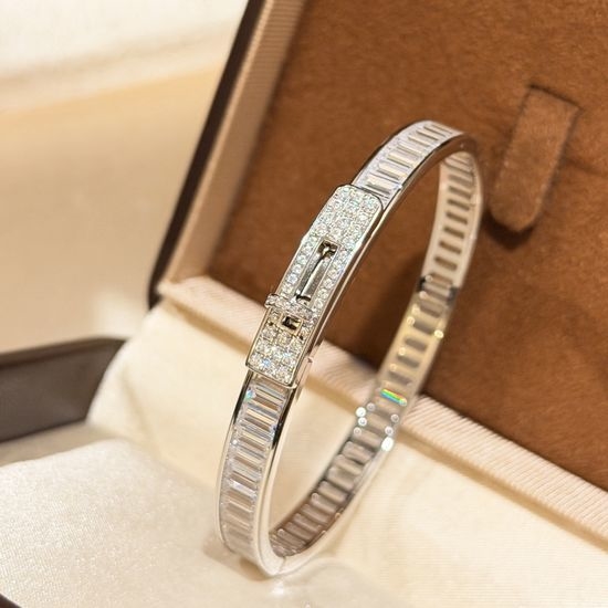 Hermes Diamond-Encrusted Silver Belt Buckle Bracelet