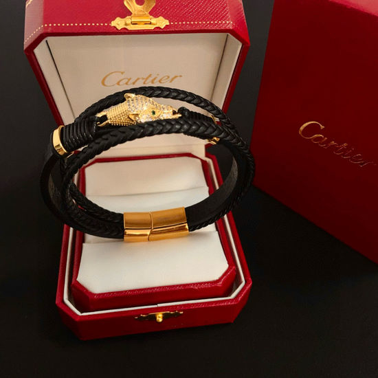 Cartier Diamond Inlaid Leopard Head Leather Bangle