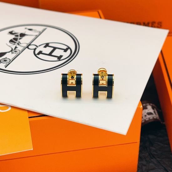 Hermes Black Enamel Gold Large Stud Earrings