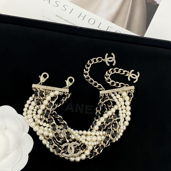 Chanel Braided Leather Pearl Multi Layer Bracelet