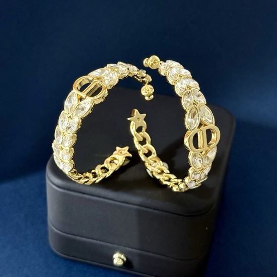 Christian Dior CD Rhinestone Wheat Chain C Hoop Earrings