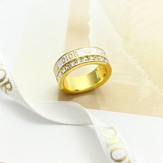 Christian Dior CD White Enamel Crystal Gold Ring