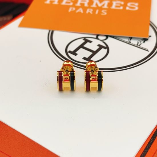 Hermes Gold Red Black Mini H Stud Earrings