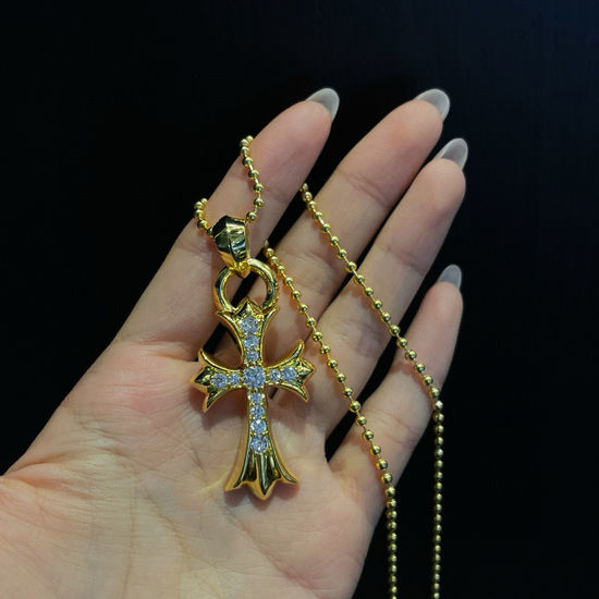 Chrome Hearts Gold Plated Cubic Zirconia Cross Necklace