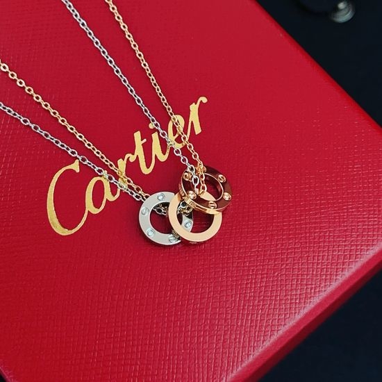 Cartier Double Chain Three Ring Pendant Necklace