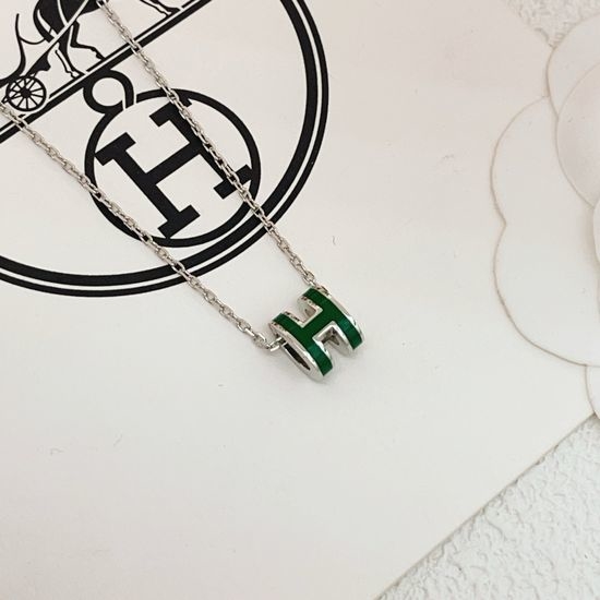 Hermes Green Enamel Silver Small Necklace