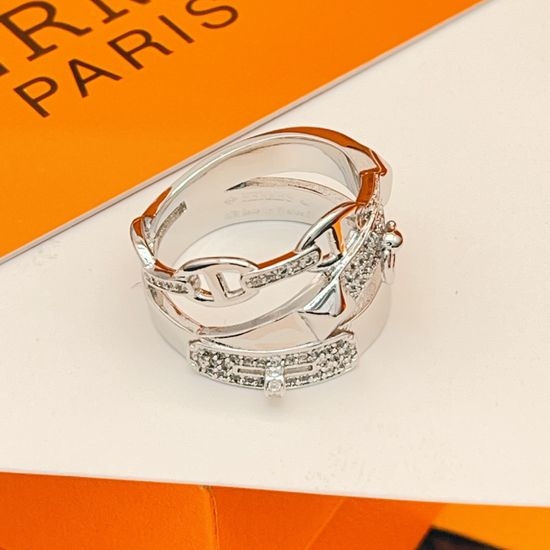 Hermes Diamond Inlaid Silver Band Ring