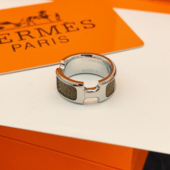 Hermes Gray Leather Silver Band Ring