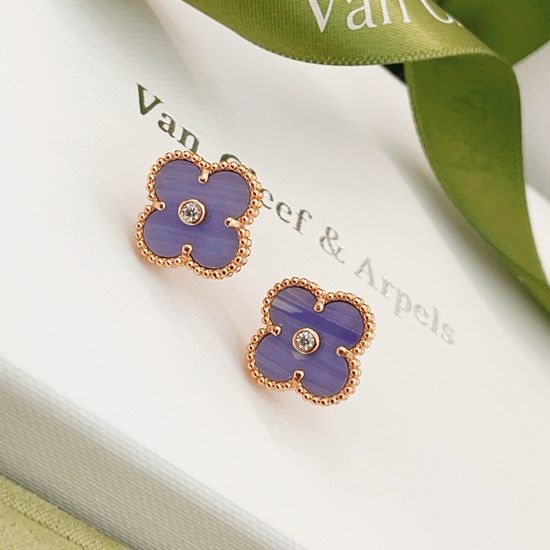 Van Cleef & Arpels VCA Purple Mother of Pearl Clover Diamond Stud Earrings