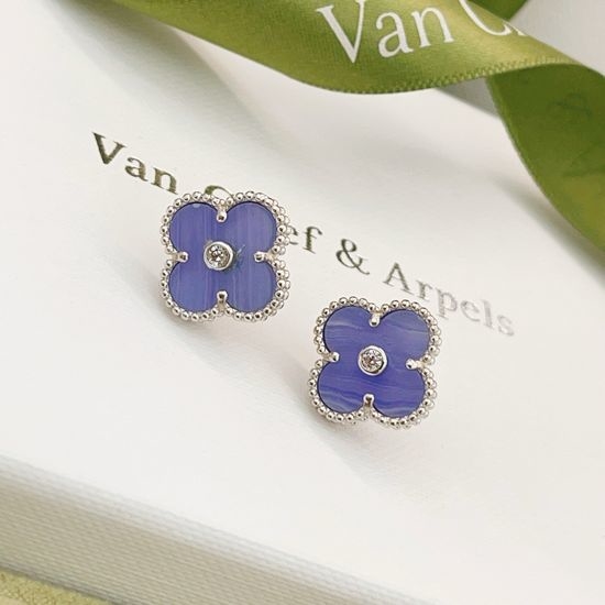 Van Cleef & Arpels VCA Purple Mother of Pearl Clover Single Diamond Silver Stud Earrings