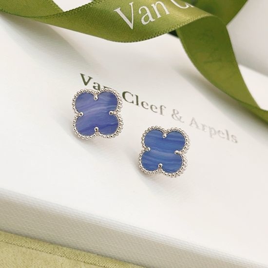 Van Cleef & Arpels VCA Light Blue Mother of Pearl Clover Silver Stud Earrings