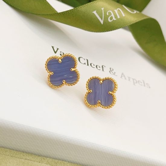 Van Cleef & Arpels VCA Light Blue Mother of Pearl Clover Gold Stud Earrings