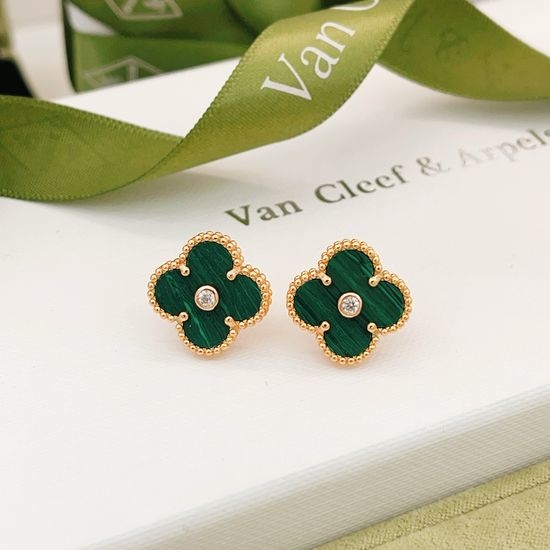 Van Cleef & Arpels VCA Green Mother of Pearl Clover Single Diamond Rose Gold Stud Earrings