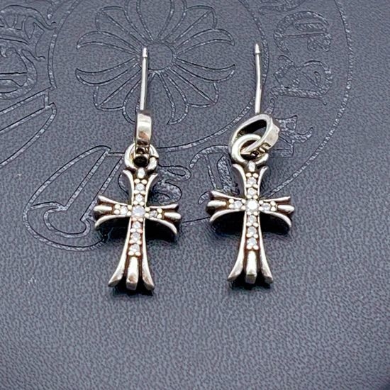 Chrome Hearts Silver Cross Inlaid Diamond Stud Earrings