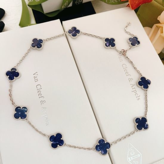 Van Cleef & Arpels VCA Clover Blue Pattern Silver Necklace