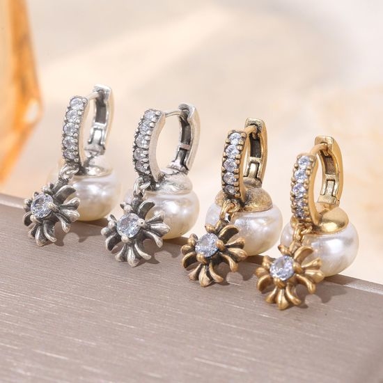 Chrome Hearts Vintage Pearl Cross Diamond Earrings Elegant Jewelry