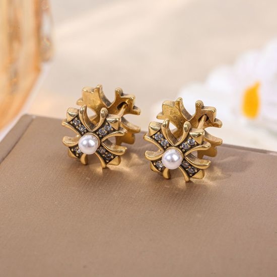 Chrome Hearts Cross Pearl Zircon Earrings Popular Fashion Jewelry