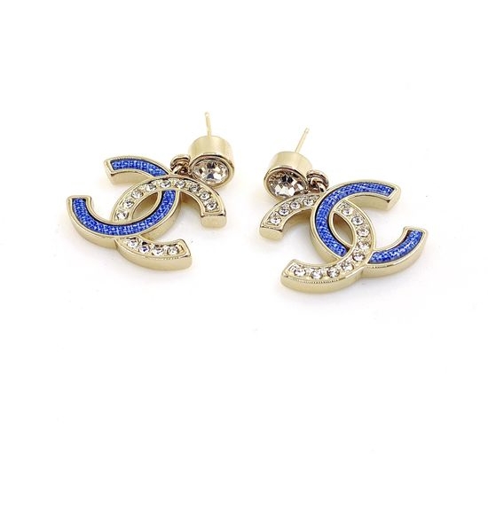 Chanel Blue Round Diamond Earrings Brass