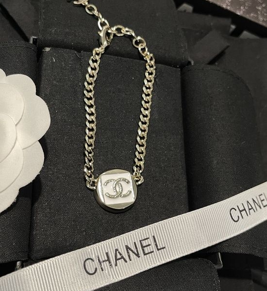 Chanel Square Round White Enamel Thick Chain Bracelet