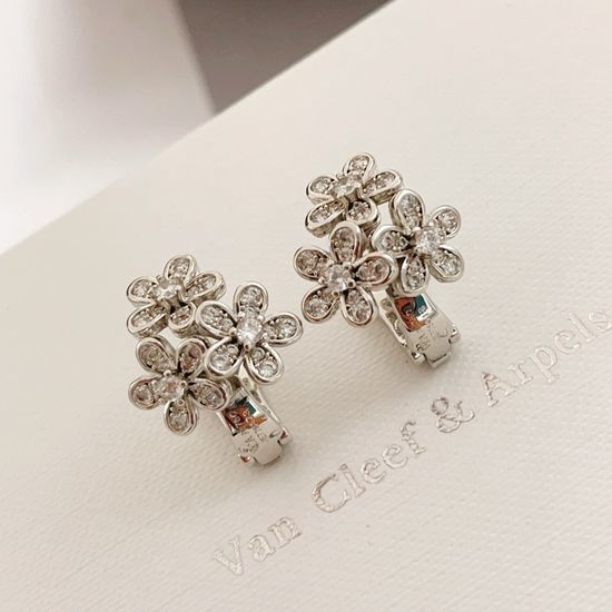 Van Cleef & Arpels VCA Silver Diamond Three Flower Earrings