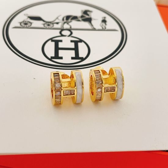 Hermes Gold Diamond Inlaid Letter Stud Earrings