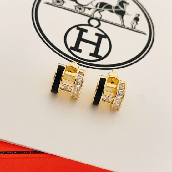 Hermes Gold Diamond Black Letter H Stud Earrings