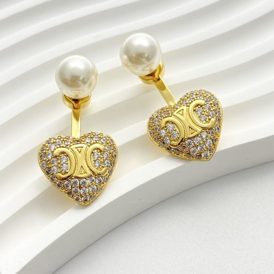 Celine Heart Pearl Rhinestone Stud Earrings