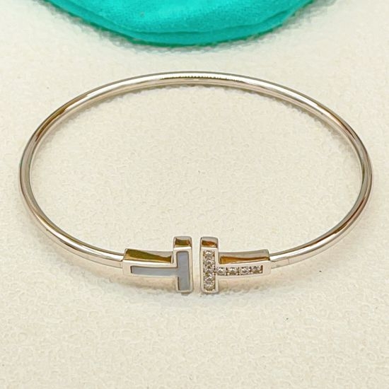 Tiffany & Co. Silver Diamond Inlaid Double T Bangle