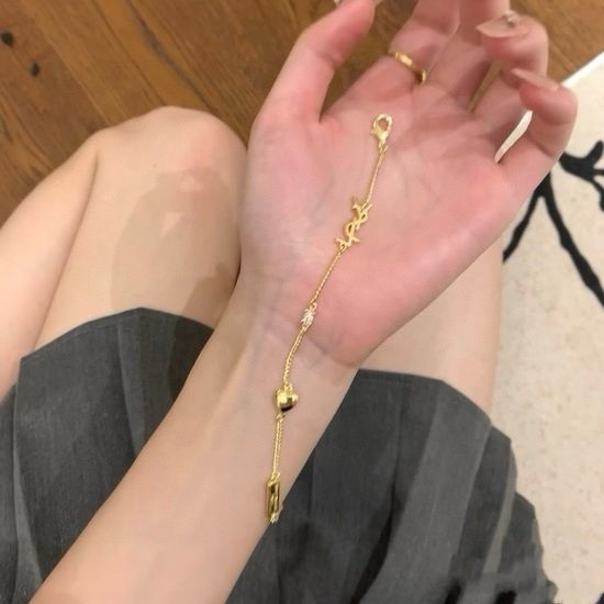 Yves Saint Laurent YSL Rhinestone Heart Charm Bracelet Two Colors