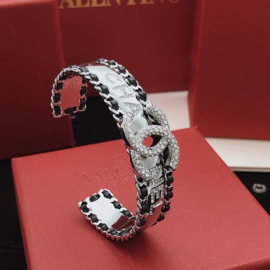 Chanel Silver Leather Bangle Brass Material